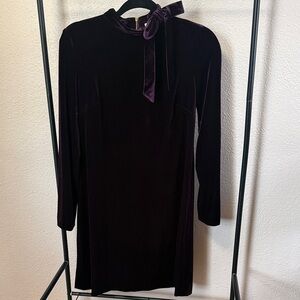 Velvet Tie-Neck Long-Sleeve Dress in Deep Plum